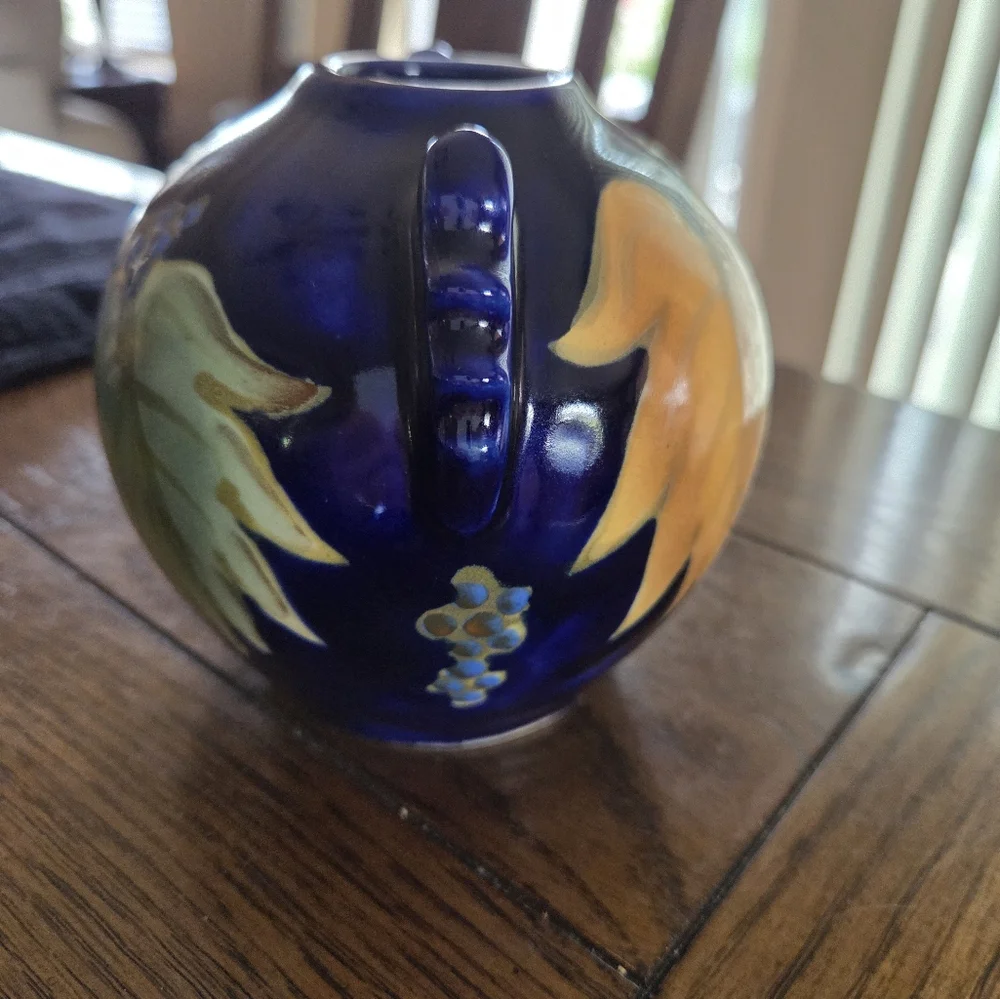 Vintage Cobalt Blue Vase With Grapes And Leaves Made In Japan